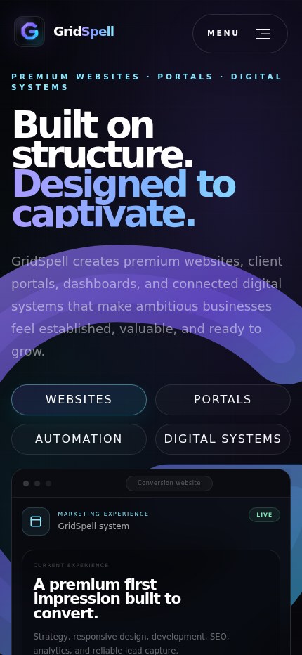 GridSpell Studio homepage screenshot with Websites, Portals, Automation, and Digital Systems tabs